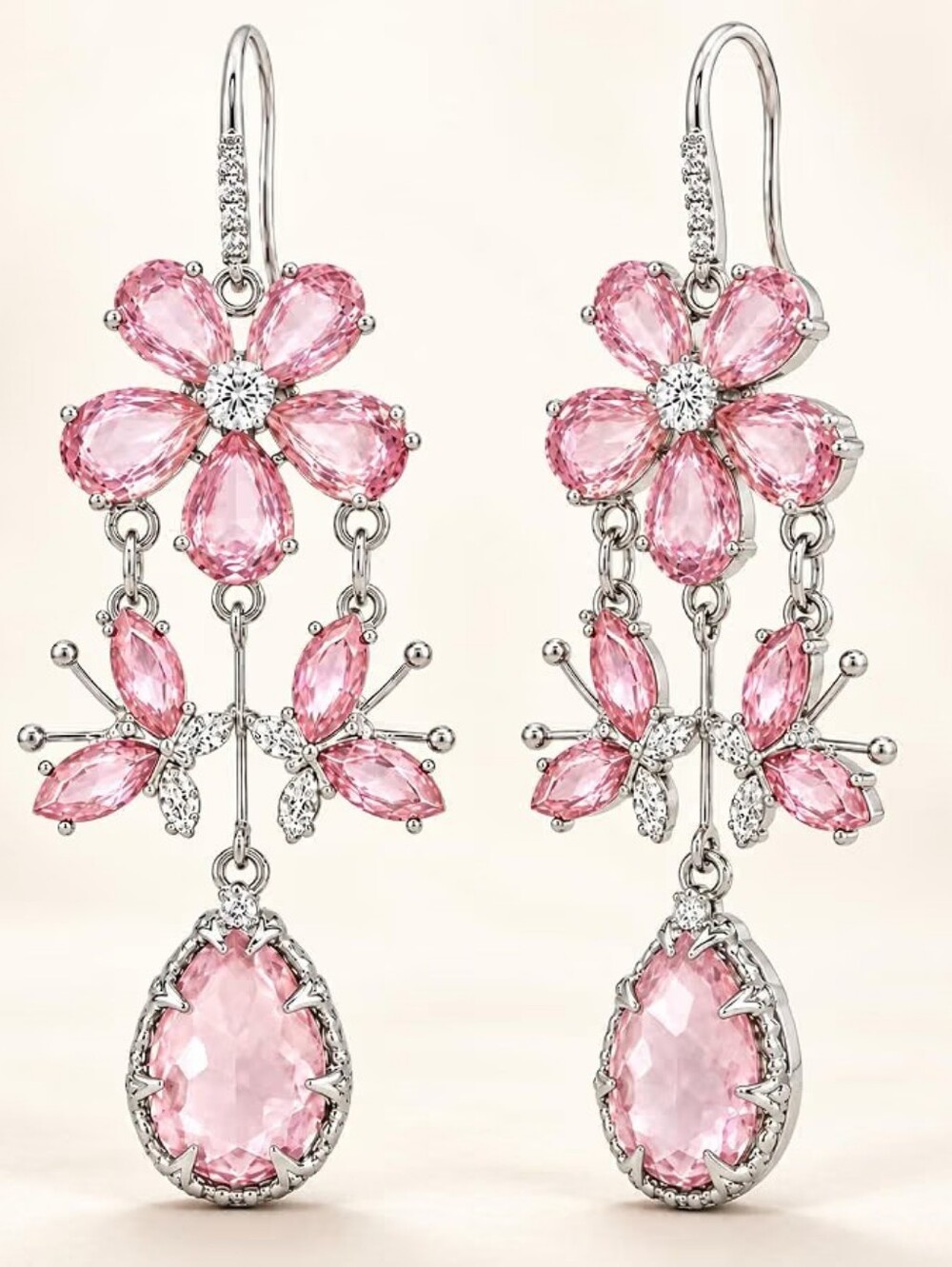 Pink Flower Butterfly Dangle Earrings